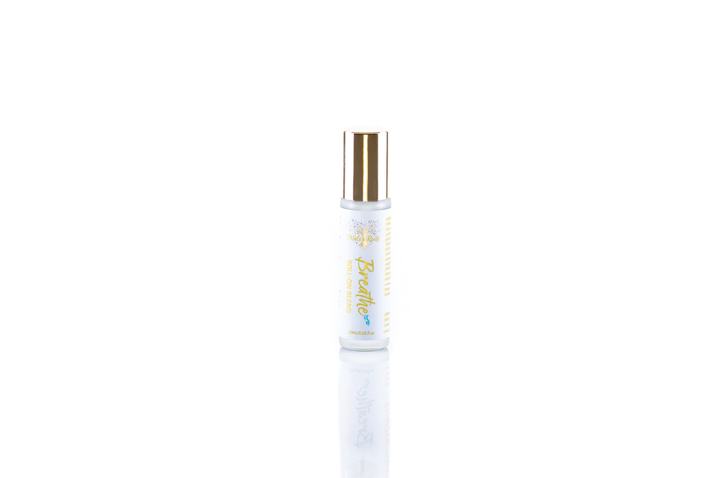 Breathe, Pure Aromatherapy Roll on blend formulated for allergies or congestion, featuring tea tree and eucalyptus 