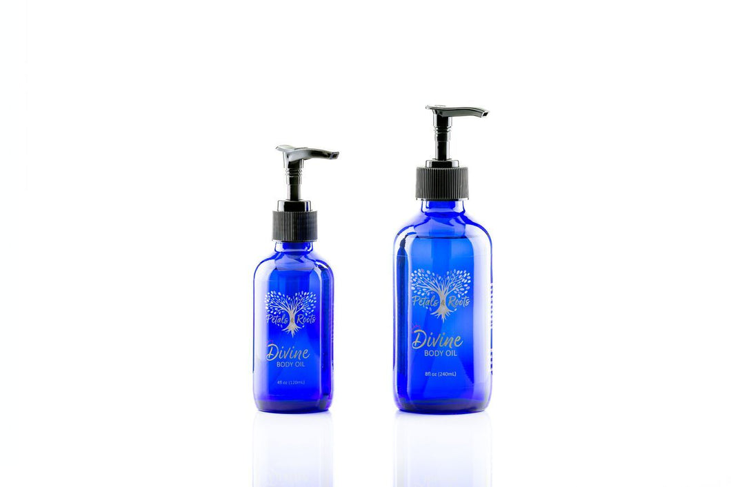 Divine body oil, all natural skincare featuring pure essential oils with organic jojoba and coconut oil, luxury moisturizer with scents of lavender vanilla sandalwood, 4oz and 8oz cobalt bluebottle