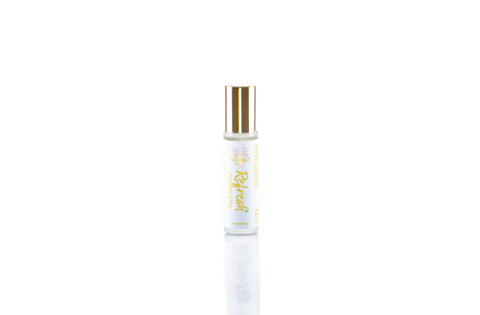 Refresh pure aromatherapy roll on blend, energizing, uplifting, mood enhancing essential oils, lemony citrus ginger and herbal notes