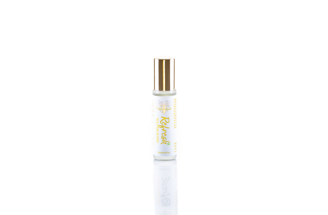 Refresh pure aromatherapy roll on blend, energizing, uplifting, mood enhancing essential oils, lemony citrus ginger and herbal notes